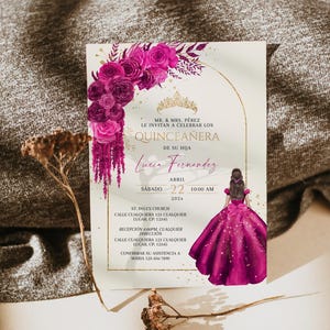Mis quince 15 anos quinceañera invitacion printable, boho fuchsia gold quinceañera invite, princess sweet 16 spanish birthday invite - Q660