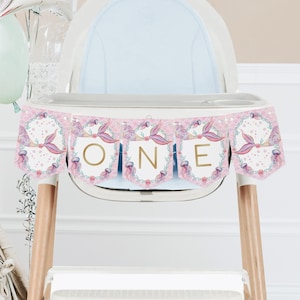 Purple mermaid one highchair banner printable, mermaid tail ONE highchair birthday banner, under the sea girl first birthday banner - C514