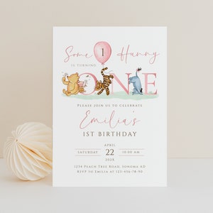 Editable classic winnie the pooh first birthday invite, pink girl balloons 1st birthday invitation card, girl first birthday invite - C536