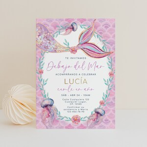 Te invitamos debajo del mar invitación de cumpleaños en español printable, mermaid tail girl birthday party invitation card in spanish -C514