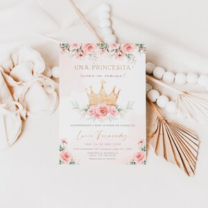 Una princesita baby shower invitation card in spanish, corona de oro rosa floral baby shower invitación en español printable & decor - C483