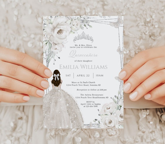 White silver quinceañera invitation printable, butterfly mis quince 15 anos quinceañera, 15th birthday party invitation princess dress - Q50 Il_570xn