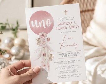 Printable baptism 1st birthday invitation spanish, invitacion bautizo uno en espanol, bautizo y primer añito, invitación niña cumpleaños-C19