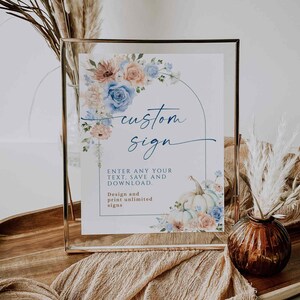 Blue colors baby shower custom sign template, modern autumn floral for boy custom sign, fall floral boy baby shower card custom sign - C331