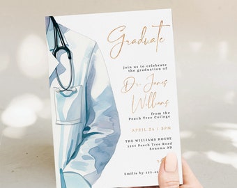 Modern medical college graduation invite template, medical graduation invitation, medical doctor grad invite for man blue decoration - C486