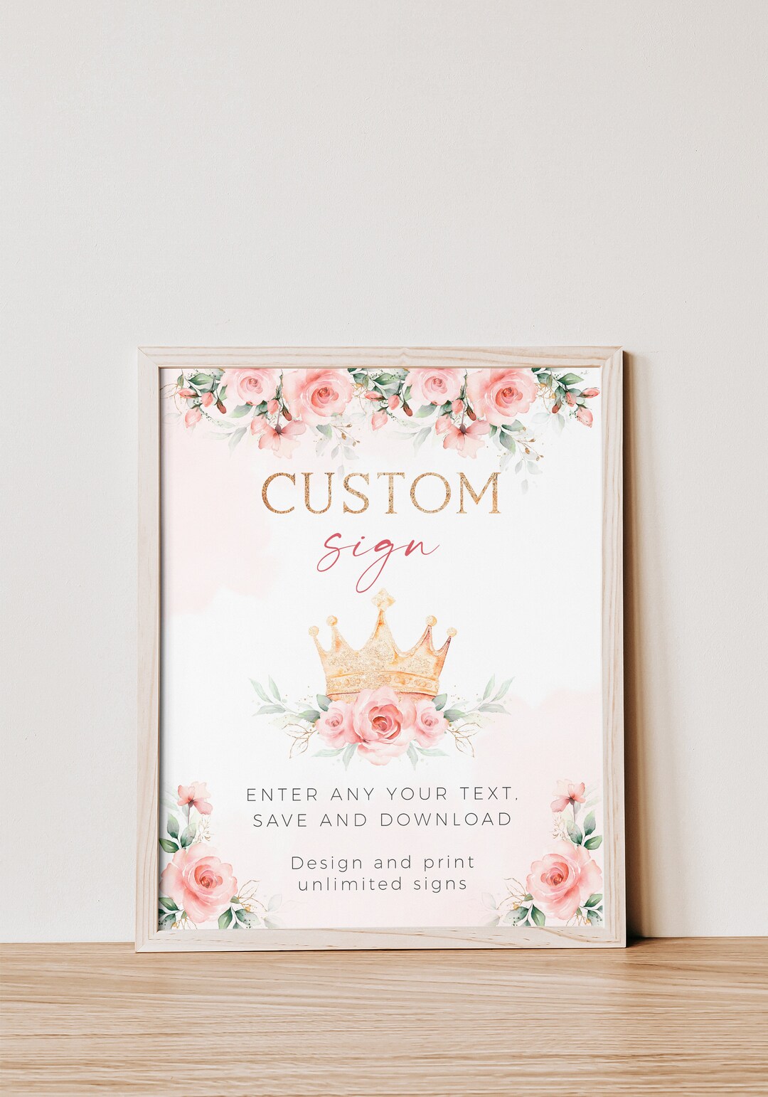 Editable Princess Party Custom Sign, Pink Floral Gold Crown Baby Shower ...