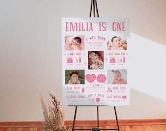 First year collage & milestone poster editable for a little girl, 1st birthday party poster with photos pink decor, baby 1st year photo sign
