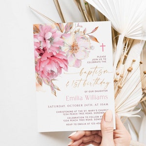 Pink peony baptism 1st birthday invitation card editable, gold modern watercolor flowers baptism & first birthday invitation for girl C332 image 2