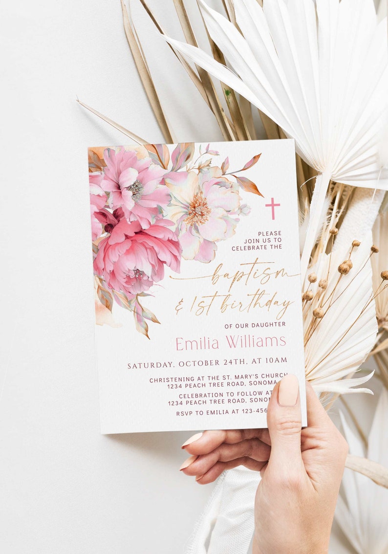 Pink peony baptism 1st birthday invitation card editable, gold modern watercolor flowers baptism & first birthday invitation for girl C332 image 2