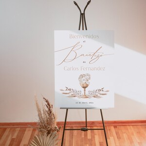 Beige cartel bienvenida bautizo niño, angel spanish bautizo welcome poster printable, pampas grass baptism welcome sign in spanish - C437