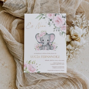 Invitacion para baby shower en Español, elephant baby shower invitation girl in spanish, spanish baby shower invite elephant editable
