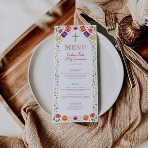 Girl first holy communion menu template, mexican floral pink theme first holy communion menu card, mexican flowers baptism menu card -C116