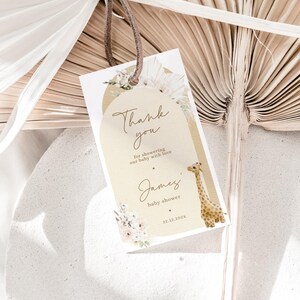 Boho grass pampas baby shower thank you tag printable, cute giraffe baby shower favor tags, giraffe beige arch baby shower gift tag - C141