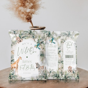 Wild one birthday chip bag wrappers printable, jungle animals birthday chip bag label, green tropical first birthday chip bag label - C462