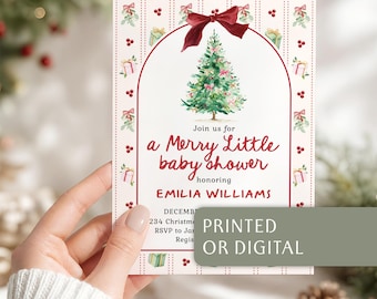 May include: A rectangular invitation card featuring a watercolor Christmas tree, a red bow, and gift illustrations. The text reads: Join us for a Merry Little baby shower honoring EMILIA WILLIAMS. The card has a striped border with red berries.