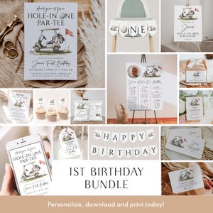 Complete golf 1st birthday party invitation bundle printable, boy sports first birthday invite set, golf theme 1st birthday party kit - C649