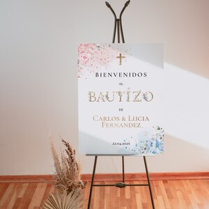 Mi bautizo welcome sign editable, cartel bienvenida bautizo niña y nino para imprimir, spanish baptism welcome sign twins boy girl - C01