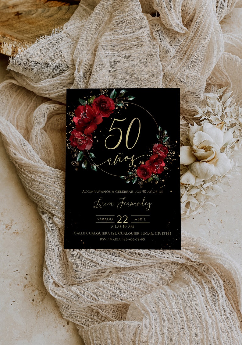 Spanish 50th birthday invitation printable, all ages adult birthday invitation, invitación de 50 años mujer, 50 Años Cumpleaños Adulto Mujer image 2