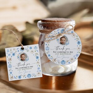 Blue pumpkin 1st birthday tag with photo printable, blue fall first birthday thank you tag, boy pumpkin blue 1st birthday favor tag - C803-b