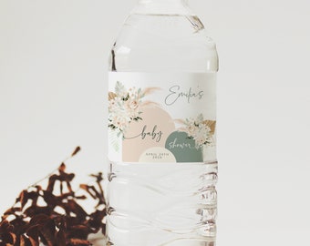 Boho floral baby shower water bottle, gender neutral bottle labels printable, sage baby shower water label, modern water bottle label - C532