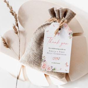 Holy communion favor tag printable girl decor, rose butterflies first communion thank you tag, pink flower holy communion thank you tag-C178
