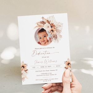 Baby dedication invitation template, beige boho floral dedication invite, baptism invitation card with photo boy, religious invite - C164