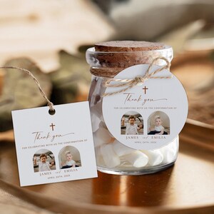 Minimalist decor confirmation tag twins with photo, bohemian boy girl twin baptism favor tags, round and square thank you tag template -C212