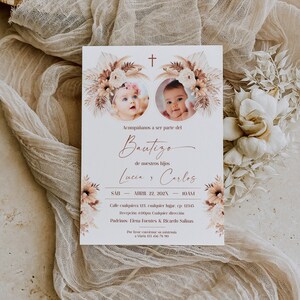 Bohemio invitacion de bautizo, twins christening invite, invitacion bautizo espanol, invitación bautizo, baptism invitation spanish - C164