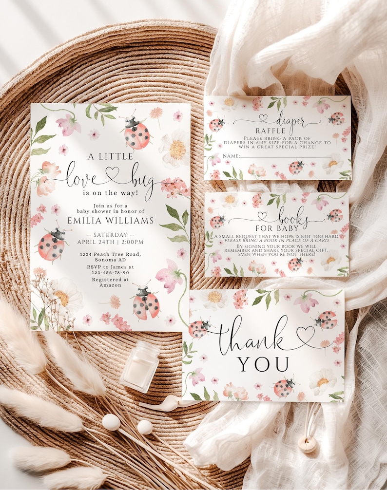 May include: A collection of baby shower stationery with a floral and ladybug theme. The invitation reads "A Little Love Bug is on the way!" and includes details for the event. Additional cards include a diaper raffle and a request for books.