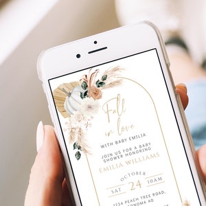 Fall in love baby shower evite, pumpkin baby shower electronic invitation template, autumn pumpkin baby shower mobile text invitation - C244