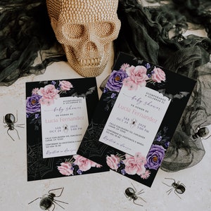 Halloween baby shower spanish invite printable, spanish girl gothic floral baby shower invitation, spanish spooky baby shower invite - C291