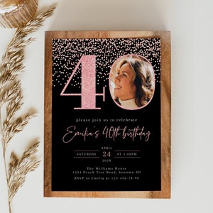 Pink glitter 40th birthday adult invitation printable, simple 40th black and pink birthday invitations with photo, forty invite card - C363