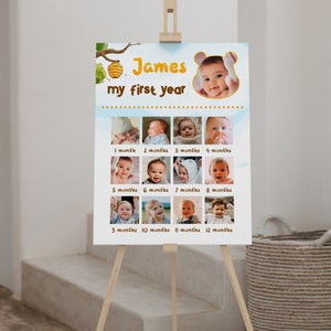 Modern bear pooh 12 month photo collage decor, winnie the pooh my first year photo collage printable, honey first year photo poster - C276