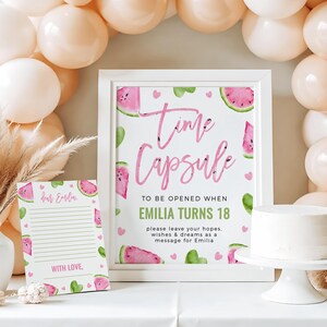 Sweet watermelon 1st birthday time capsule sign and card printable, summer pink melon first birthday party time capsule sign & card - C810