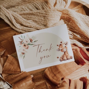 Floral giraffe baby shower party thank you card editable, gender neutral giraffe shower thank you card, giraffe thank you gift card - C563