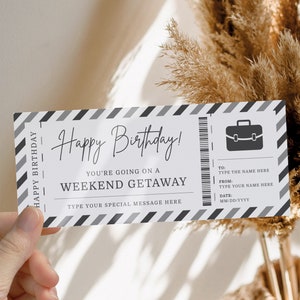 Weekend getaway voucher ticket coupon card, editable boarding pass template, birthday surprise airplane ticket, boarding pass surprise trip