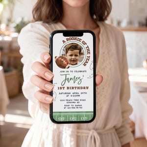 A rookie of the year digital birthday invite editable, american football first bday digital invite with photo, sports 1st bday evite - C651
