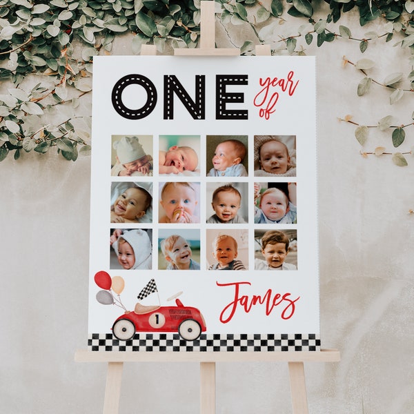 Race car first year photo collage, race car 1st birthday milestone poster, fast one birthday sign, red car 1st b-day photo collage - C271r