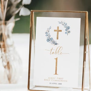 Blue eucalyptus first holy communion table number printable, gold cross christening table number, boy first communion table number - C100