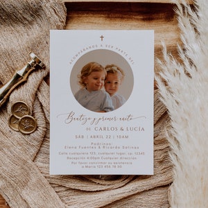 Invitacion bautizo en espanol editable, twins baptism 1st birthday invite with photo, invitaciones de bautizo y primer añito de la foto-C213