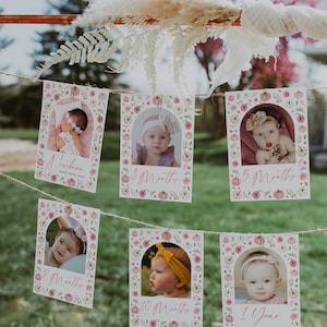 Pumpkin birthday monthly photo banner printable, fall 1st birthday monthly photo banner, fall pink 1st birthday monthly photo banner -C803-g