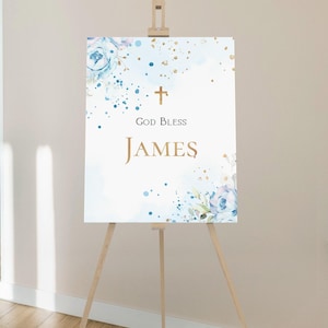 Boy blue baptism God bless sign printable, blue floral God bless poster, modern baby religious sign, blue and gold christening sign - C1
