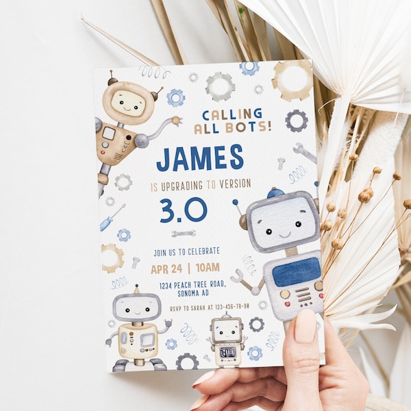 Invitation to a birthday party in the robot style printable, robot party invite, boy birthday party editable invite, blue little robot -C247