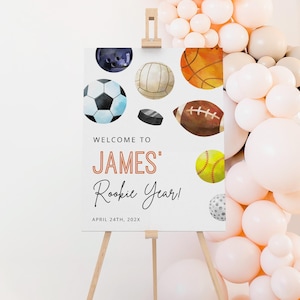 Rookie year birthday welcome sign printable, sports balls 1st birthday party welcome sign, sports theme birthday party welcome poster - C648