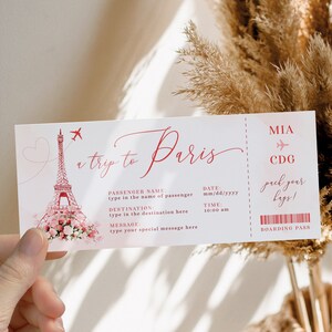 Paris gift ticket & coupon gift voucher printable and decor, travel ticket template, birthday gift card, paris france surprise gift ticket