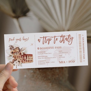 Editable Italy surprise boarding pass gift voucher, vacation ticket printable airline, flight surprise trip ticket travel to Italy fake pass