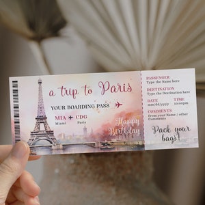 Paris surprise boarding pass, printable airline ticket template, boarding pass gift voucher, surprise trip ticket, special event trip gift