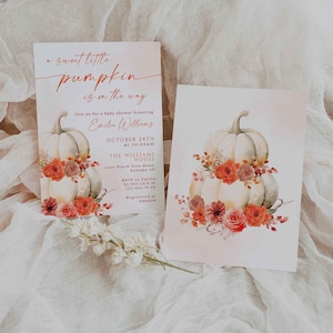 A sweet little pumpkin baby shower invitation template, fall flowers baby shower invitation, autumn baby shower invitation card decor - C329