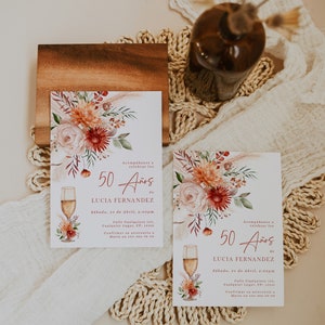 50th birthday invitation for women in spanish printable, floral adult birthday party invite, 50 años invitación de cumpleaños español - C449