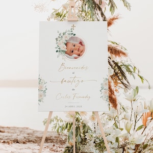 White floral spanish baptism welcome sign with photo printable, cartel de bienvenida niño bautizo sign, bienvenidos al bautizo sign - C181-b